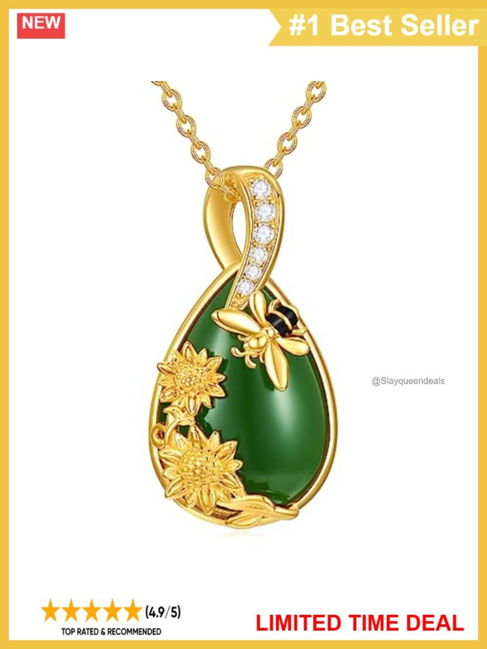 Sterling Silver 14K Gold Plated Jade Bee Pendant Necklace with 18 Inch Cable